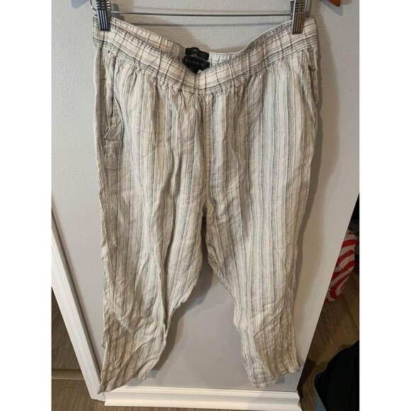 Tahari 100% Linen Striped Pull on Pant Women's Large Pockets Lagenlook - Picture 1 of 3